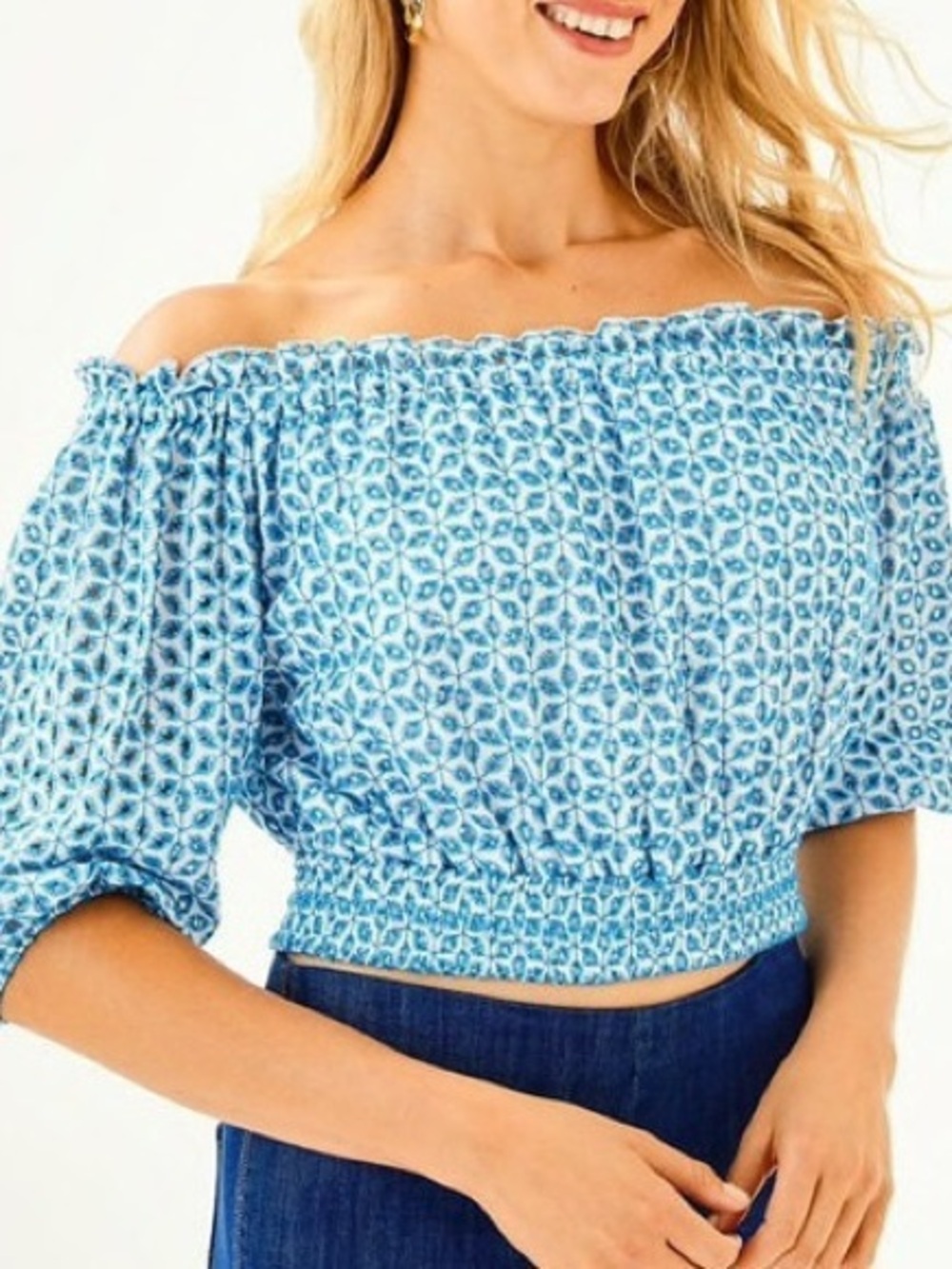 Lilly Pulitzer Leigh Off-Shoulder Crop Top Peacock Blue size M NWT